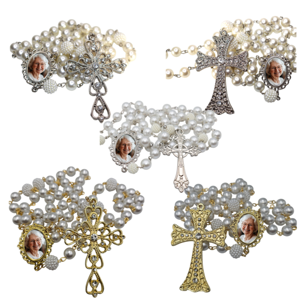 Terço de Casamento Noiva Personalizado com Foto Cor Prata Perolas e Cruz Casamento Homenagem Pai e Mãe Catolico