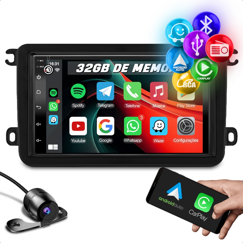 Multimidia Universal Android Carplay Bluetooth 7 Polegadas + Moldura VW Gol Saveiro Tiguan Jetta