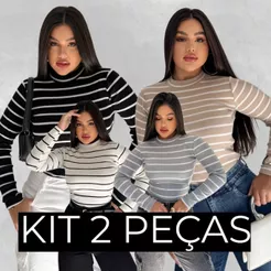 Kit 2 blusa de frio feminina Cacharrel Manga Longa Gola Alta Listrada Inverno Moda Basica Casual