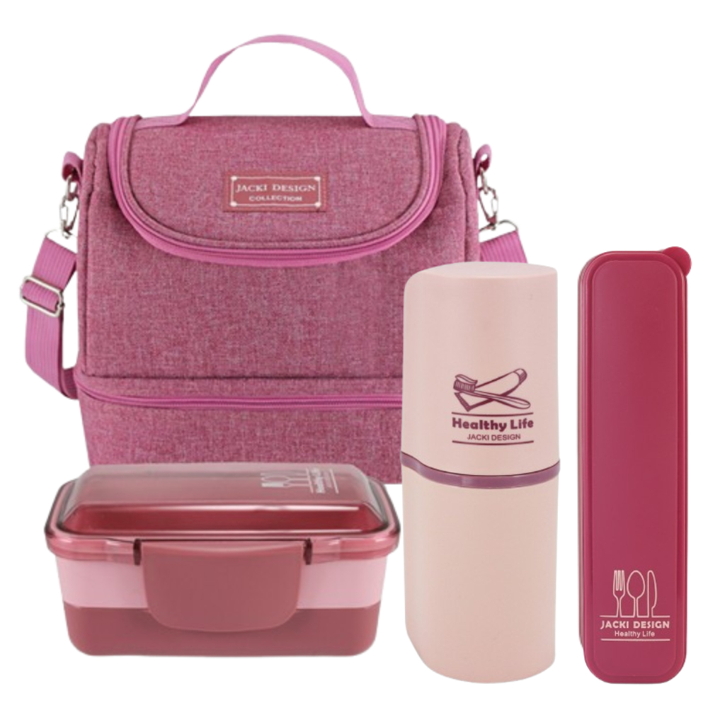 Conjunto de Bolsa Térmica c/ 2 Compartimentos, Pote Marmita e Garrafa, Porta Talher e Port...