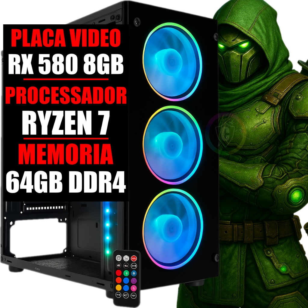 Pc Gamer Ddr4 Ryzen 7 / Placa Video Rx 580 8gb / 64GB Ram / Ssd 480gb