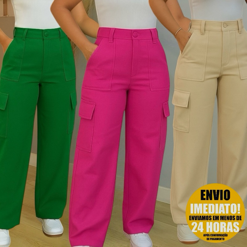 kit 3 Calças Pantalona Feminina em Alfaiataria Cargo Wide Leg Casual Para Trabalhar