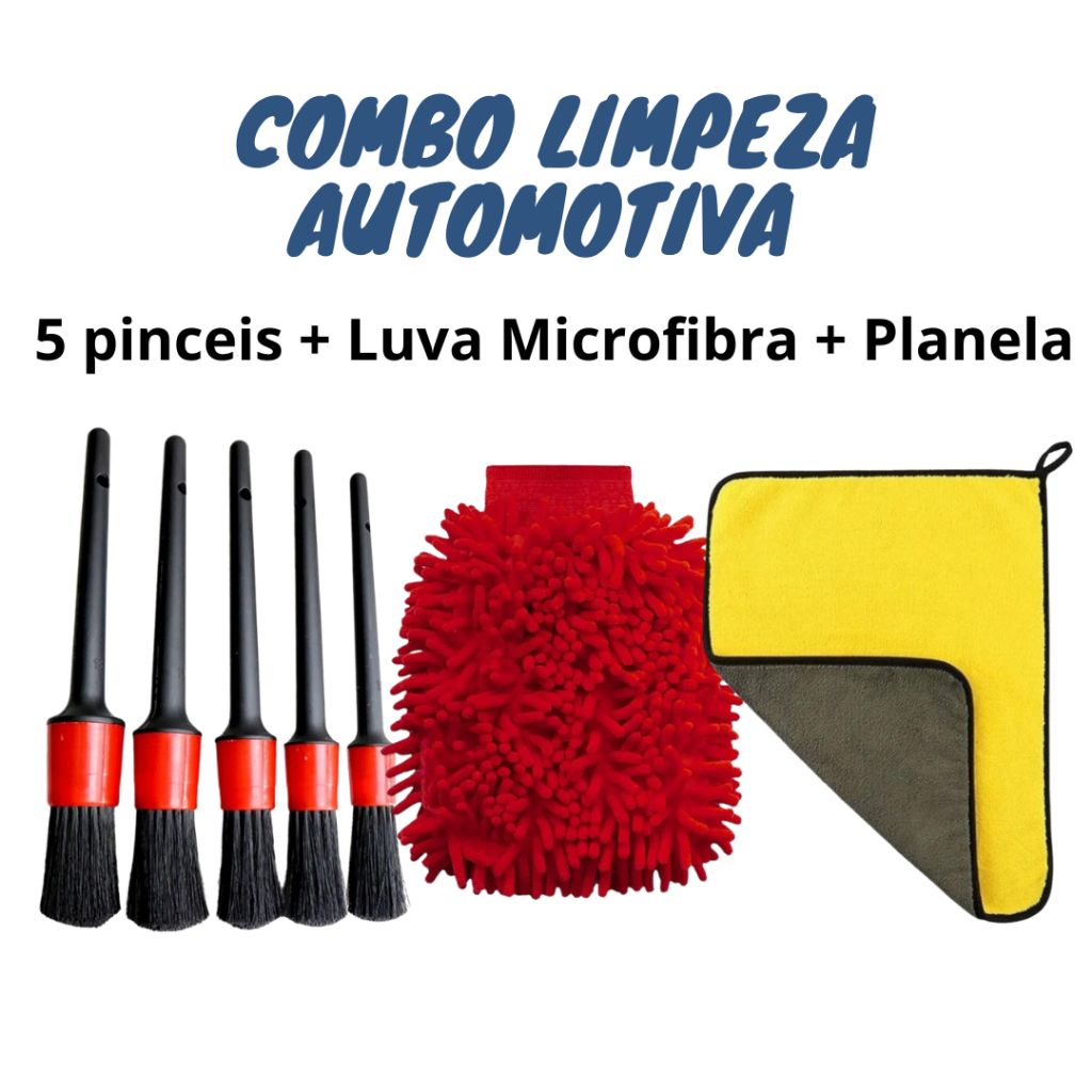 Kit Limpeza Automotiva 05 Pincéis Automotivas + Toalhas Panos Microfibra + Luva Microfibra