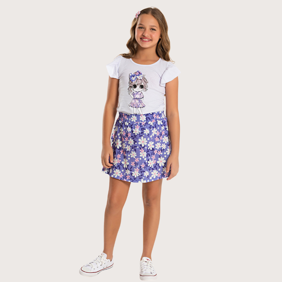 Conjunto Verão Menina Blusa com Babado e Saia Boneca Florida