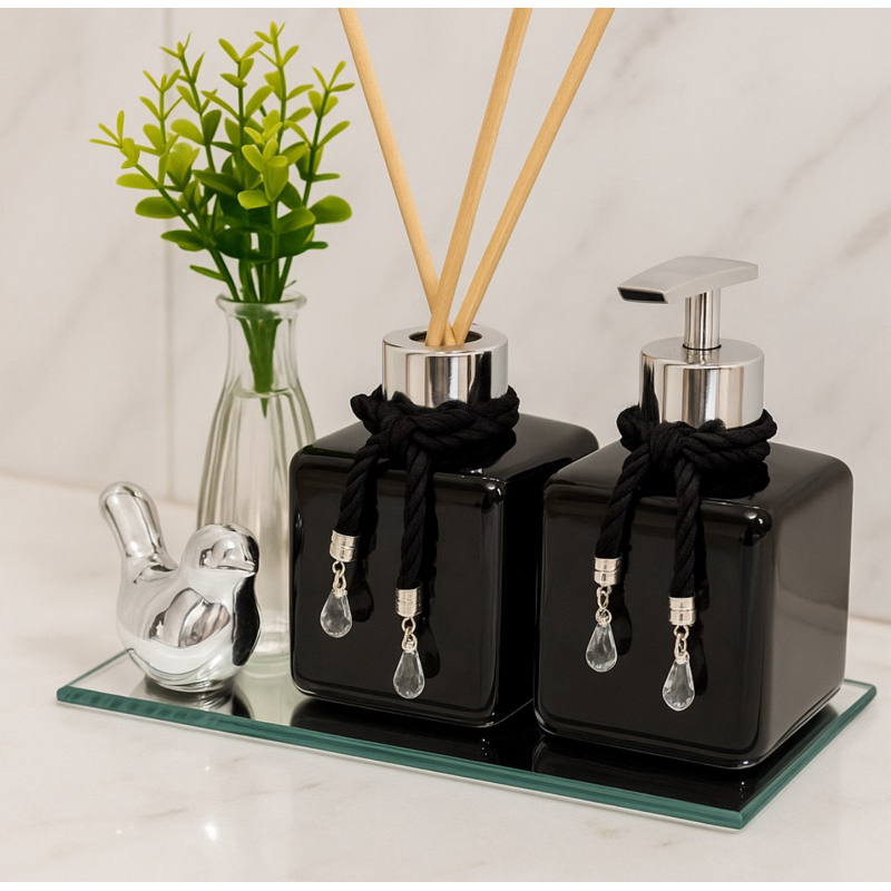 Kit Lavabo Banheiro Pet Preto Completo Com Bandeja Vasinho Passarinho Luxuoso