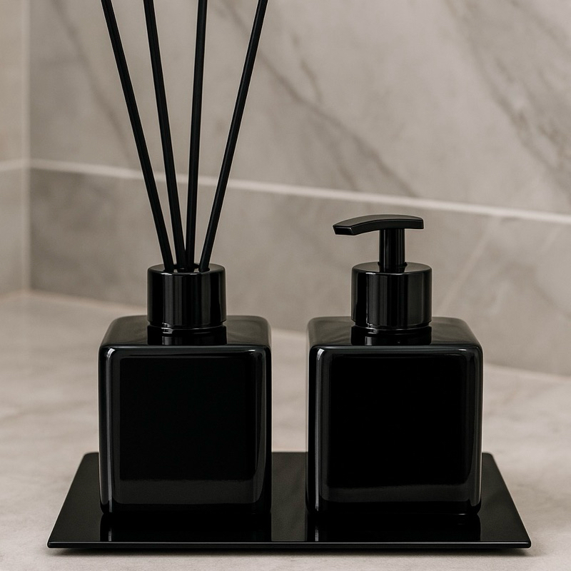 Kit Lavabo Pet Preto Quadrado Com Bandeja Vareta de Fibra Luxo