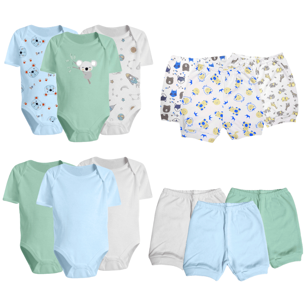 Kit Roupas de Bebê 12 Peças Body Manga Curta e Short Algodão