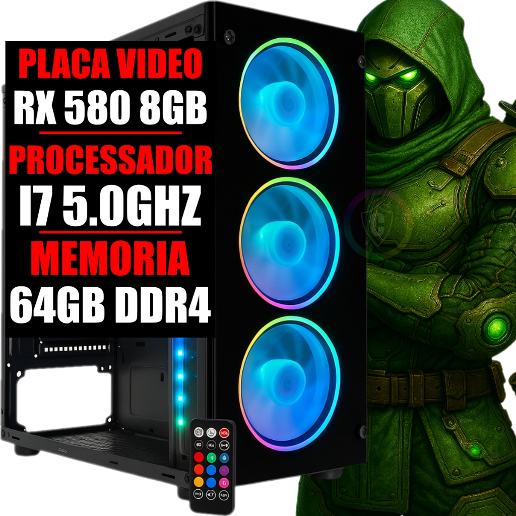 Pc Gamer Intel I7 10 Geração 5.1Ghz / Placa Video Rx 580 8GB Ddr5 / 64gb Ram Ddr