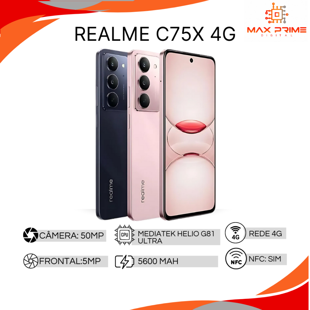 Realme C75x 4G 128GB/256GB + 6GB/8GB RAM, Câmera 50MP, Processador  Mediatek Hélio G81 Ultra, Versão Global, Novo em Oferta na Shopee