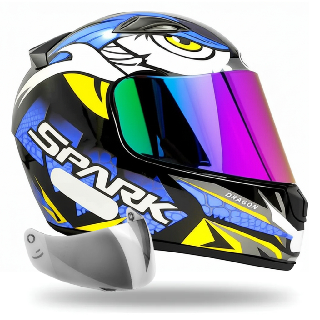 Capacete Moto Ebf Spark Dragon Preto Azul Mais Viseira Camaleão 2.2mm