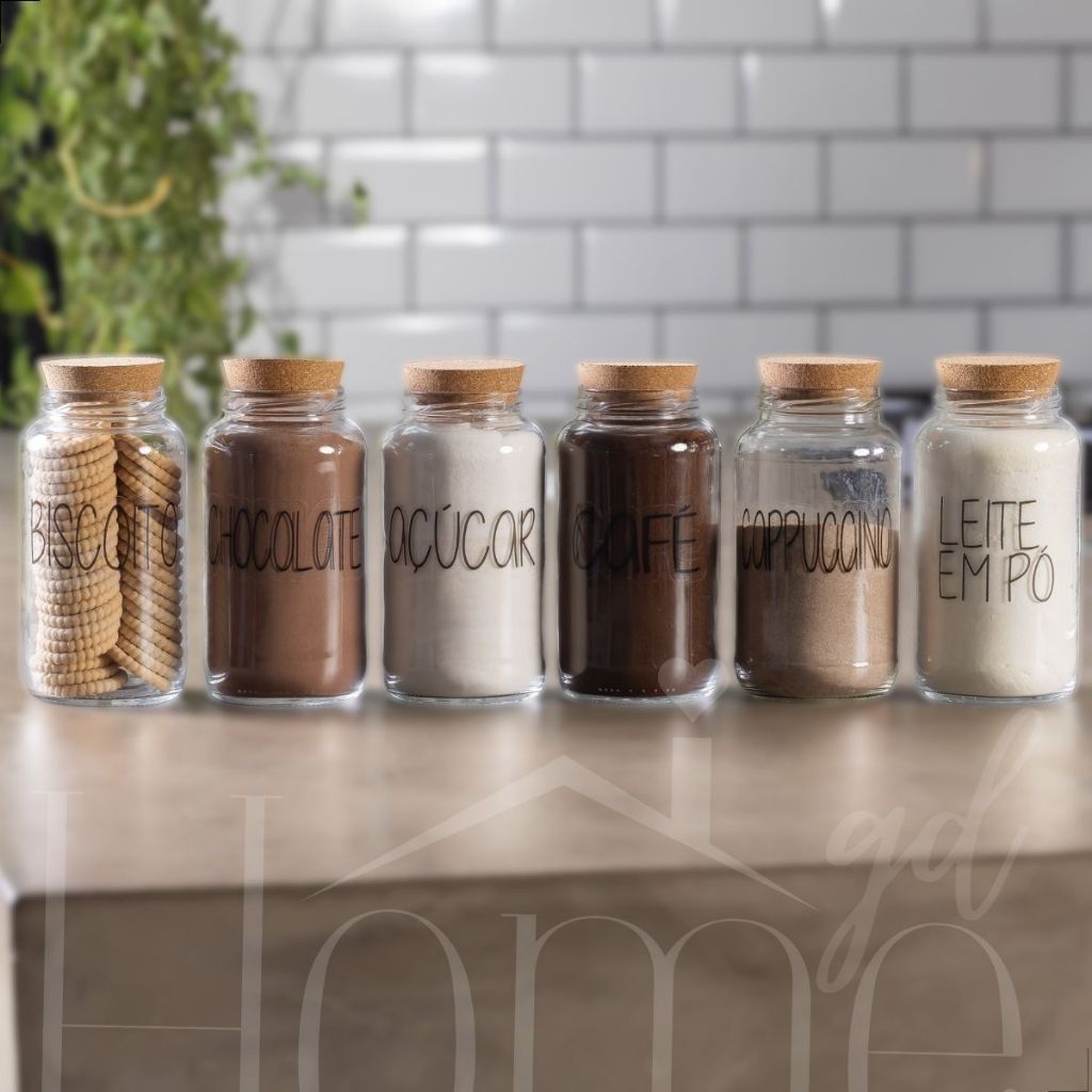 Cantinho do Café | Café, Açúcar, Biscoito, Leite em Pó, Chocolate, Cappuccino | 6 Potes de Vidro | Mantimento