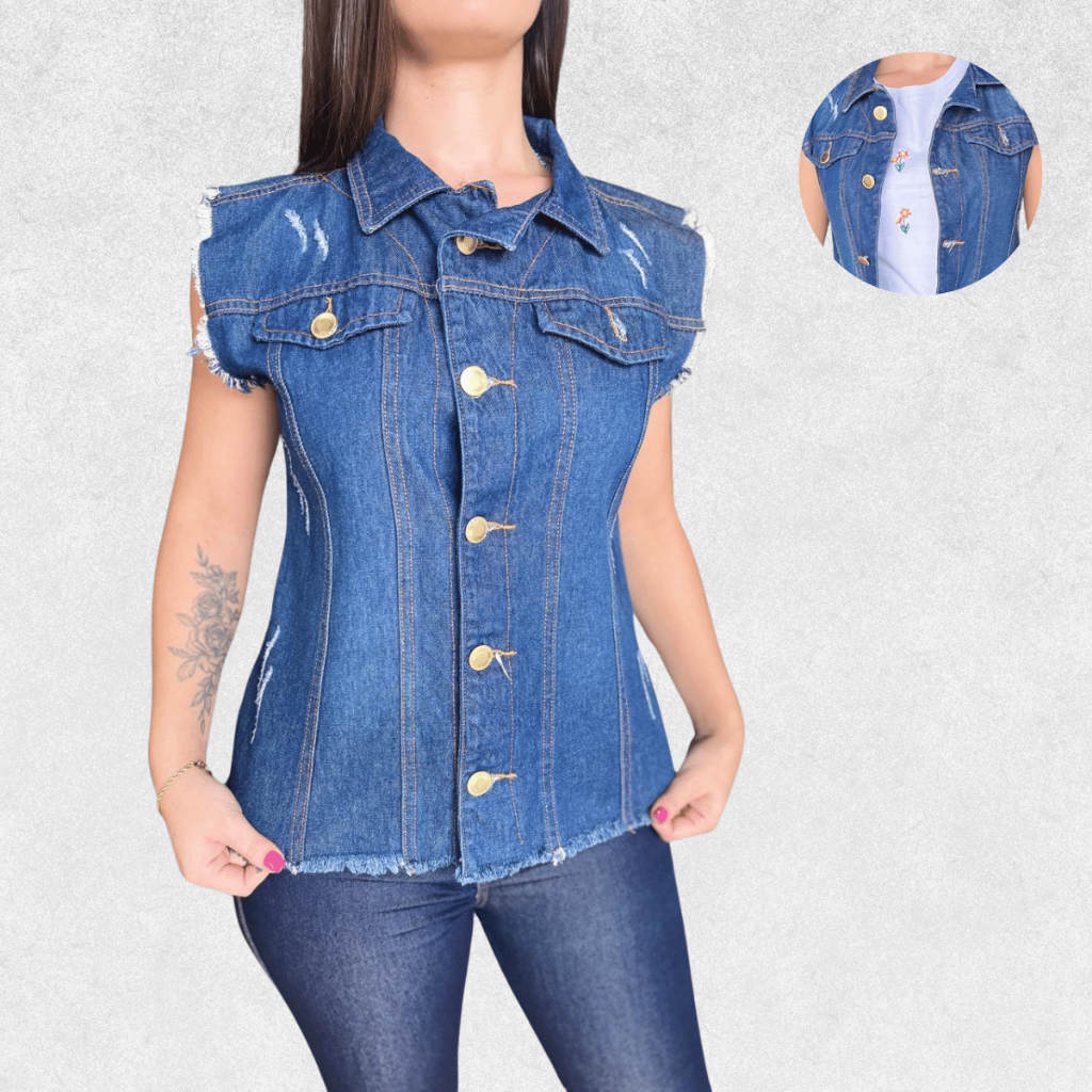 Colete Jeans Feminino Max colete Casual Confortável Desfiado Country