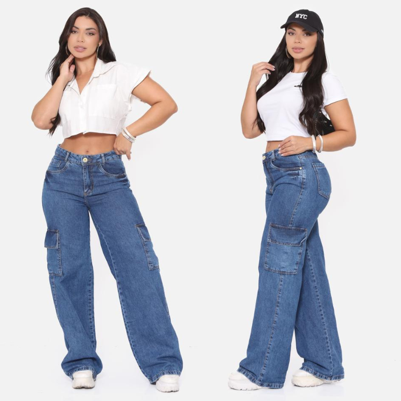 Calça Jeans Wide Leg Cargo Carpinteira Feminina Cintura Alta 100% Algodão Premium