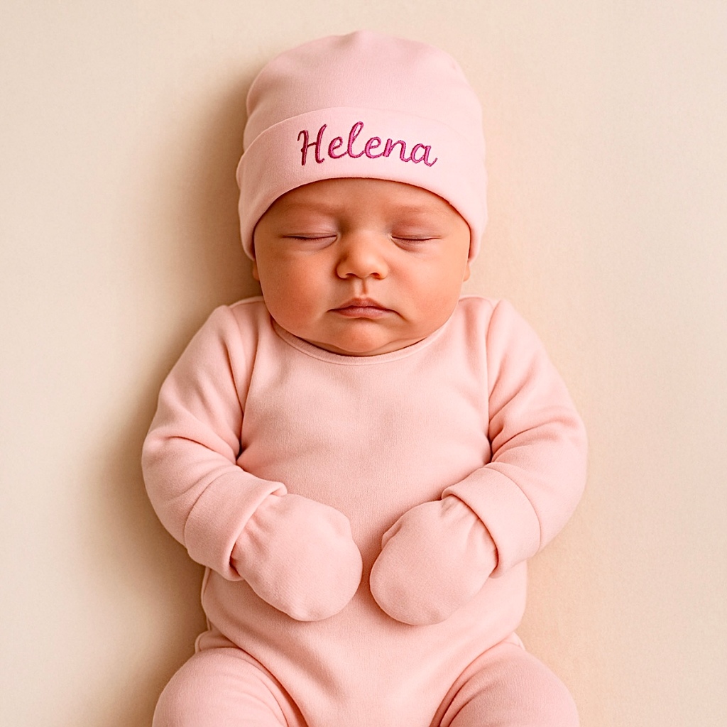 Kit Touca E Luva RN 100% Algodão Touca Na Cor Rosa Personalizada Com O Nome Da Bebê