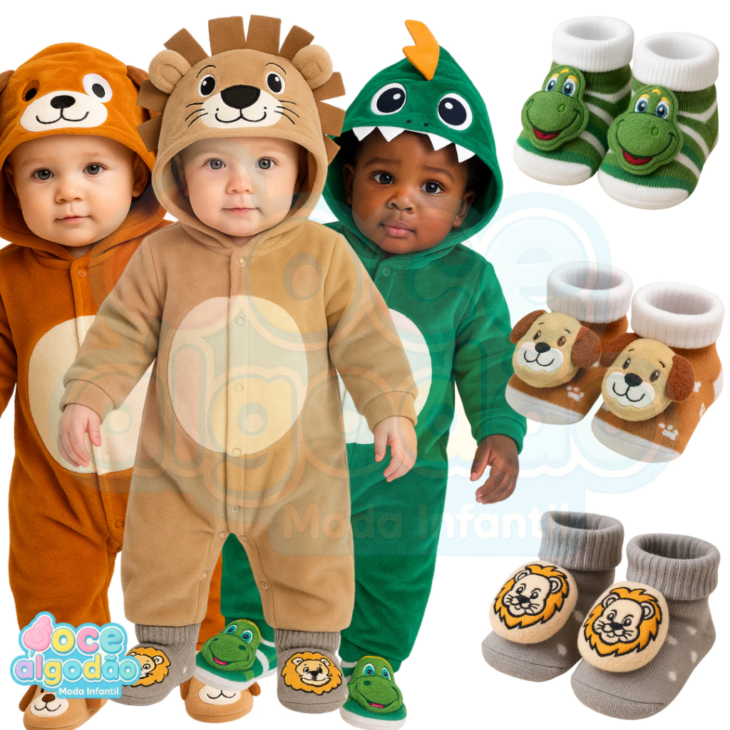 Conjunto De Macacão Temático De Bichinhos Em Plush 3d Com Pantufa Lúdica — imagem 1
