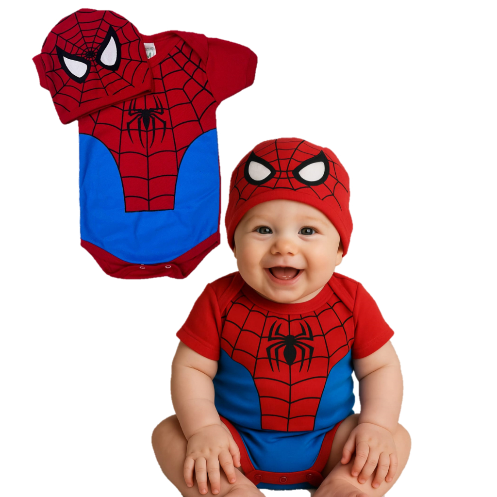 Body Bebê Homem Aranha Kit Body + Touca Fantasia Infantil Mesversario em Oferta na Shopee