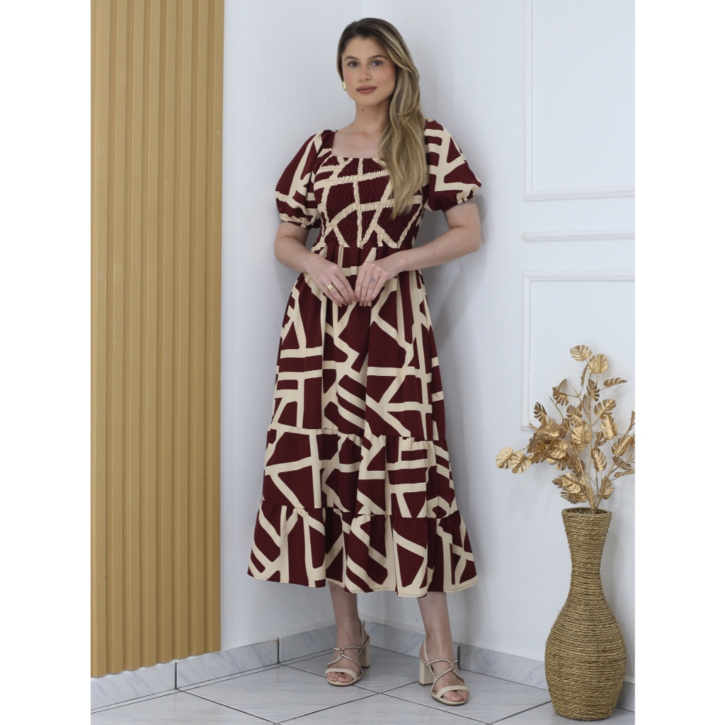 Vestido Estampado Na Canela Manga Bufante Elegante para Festa Igreja Congresso ou Dia Dia em Oferta na Shopee