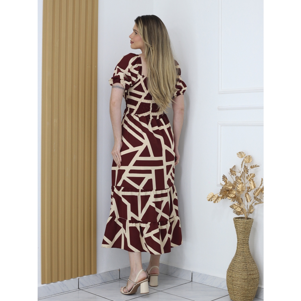 Vestido Estampado Na Canela Manga Bufante Elegante para Festa Igreja Congresso ou Dia Dia