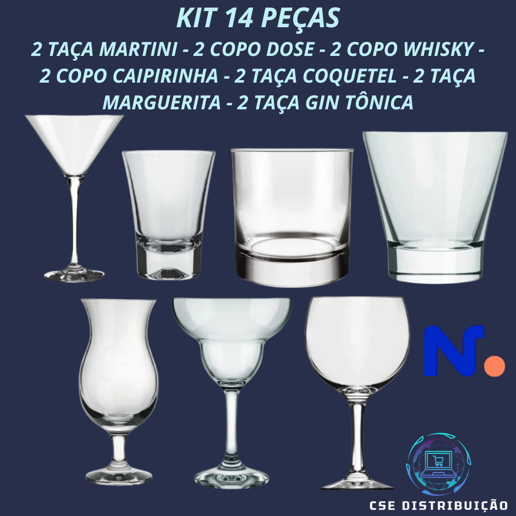 Kit Drinks Conjunto Bar 14 Copos Taças Bebidas Dose Caipirinha Coquetel Margarita Whisky Gin Martini