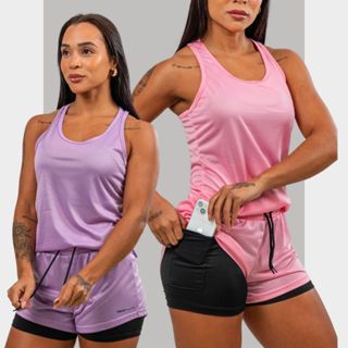 Conjunto Feminino Academia Short 2em1 com Bermuda compressão e Regata Nadador pra Exercício e Treino em Oferta na Shopee