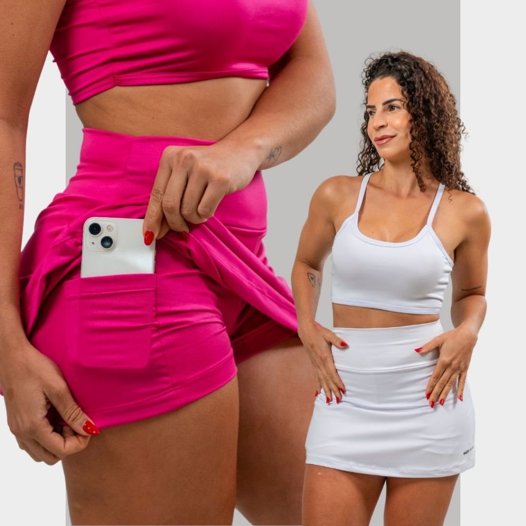 Short Saia Academia Tapa Bumbum Fitness com 2 Bolsos Ocultos pra Celular e Chave ProteçãoUV em Oferta na Shopee
