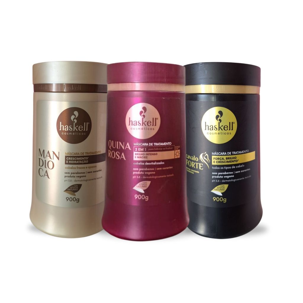 Kit Tratamento Haskell, Máscaras Mandioca, Quina Rosa, Cavalo Forte 900g
