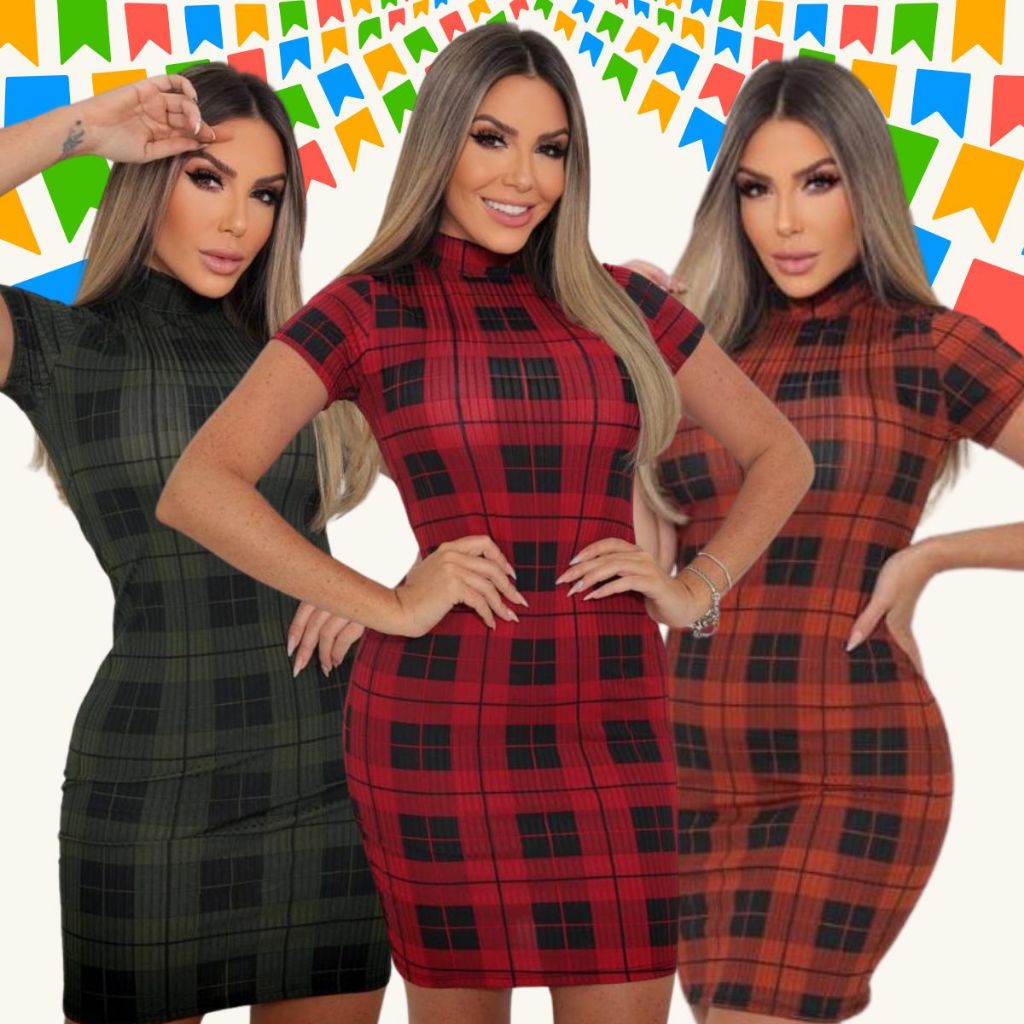 Vestido Tubinho Curto Canelado Premium Manga Curta Gola Alta Ideal Para Quermesse Xadrez Festa Junina Caipira Arraiá