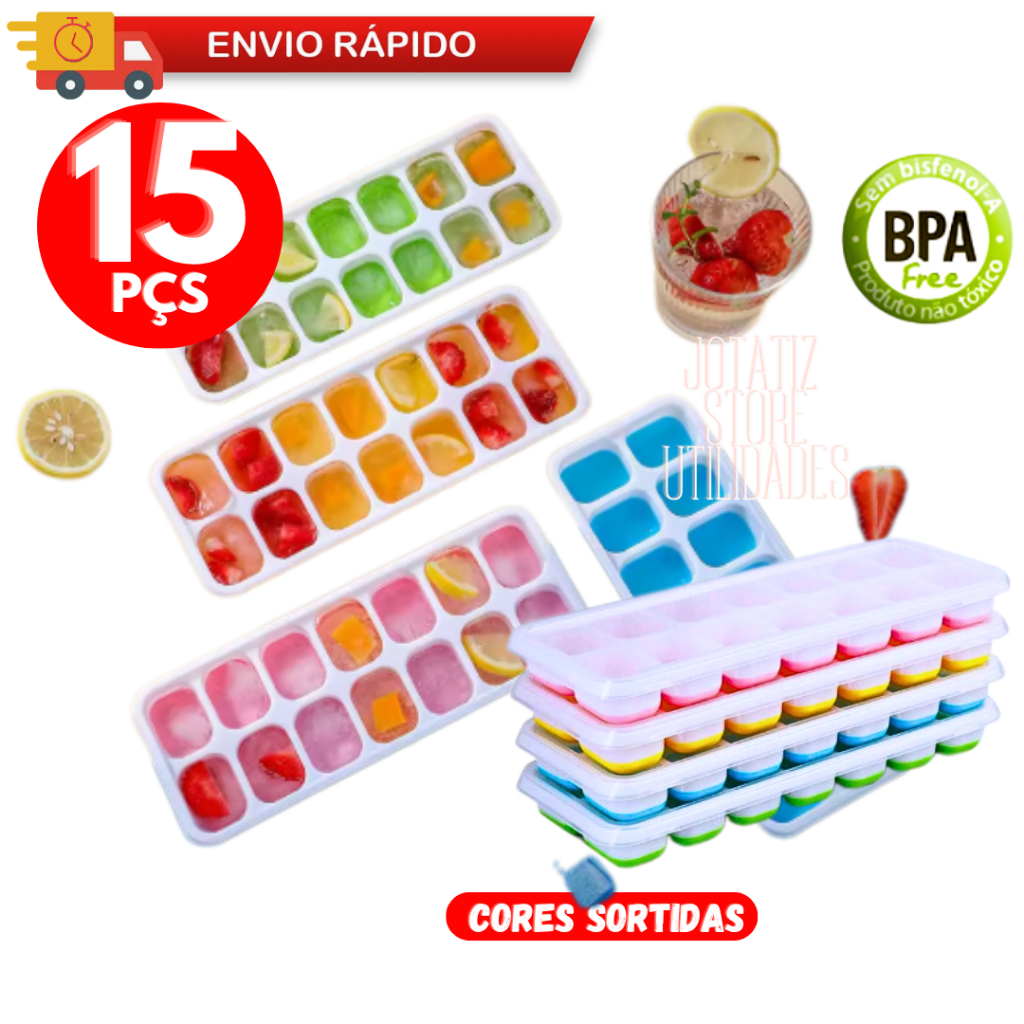 Conjunto 15 Forma De Gelo Em Silicone Com Tampa Flexivel Fundo Silicone 14 Cubos Higiênico