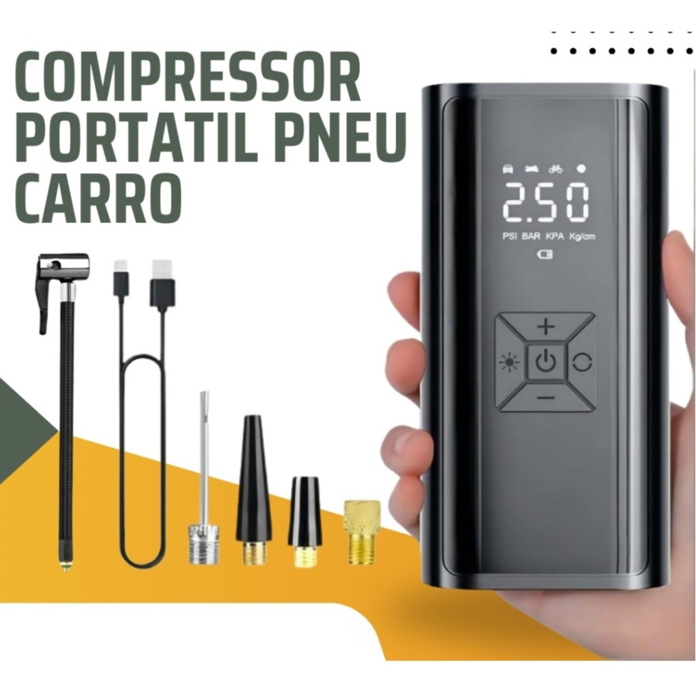 Compressor de Ar Automático com LED e USB – Praticidade em Qualquer Lugar! Infle Pneus em Segundos com Precisão! em Oferta na Shopee