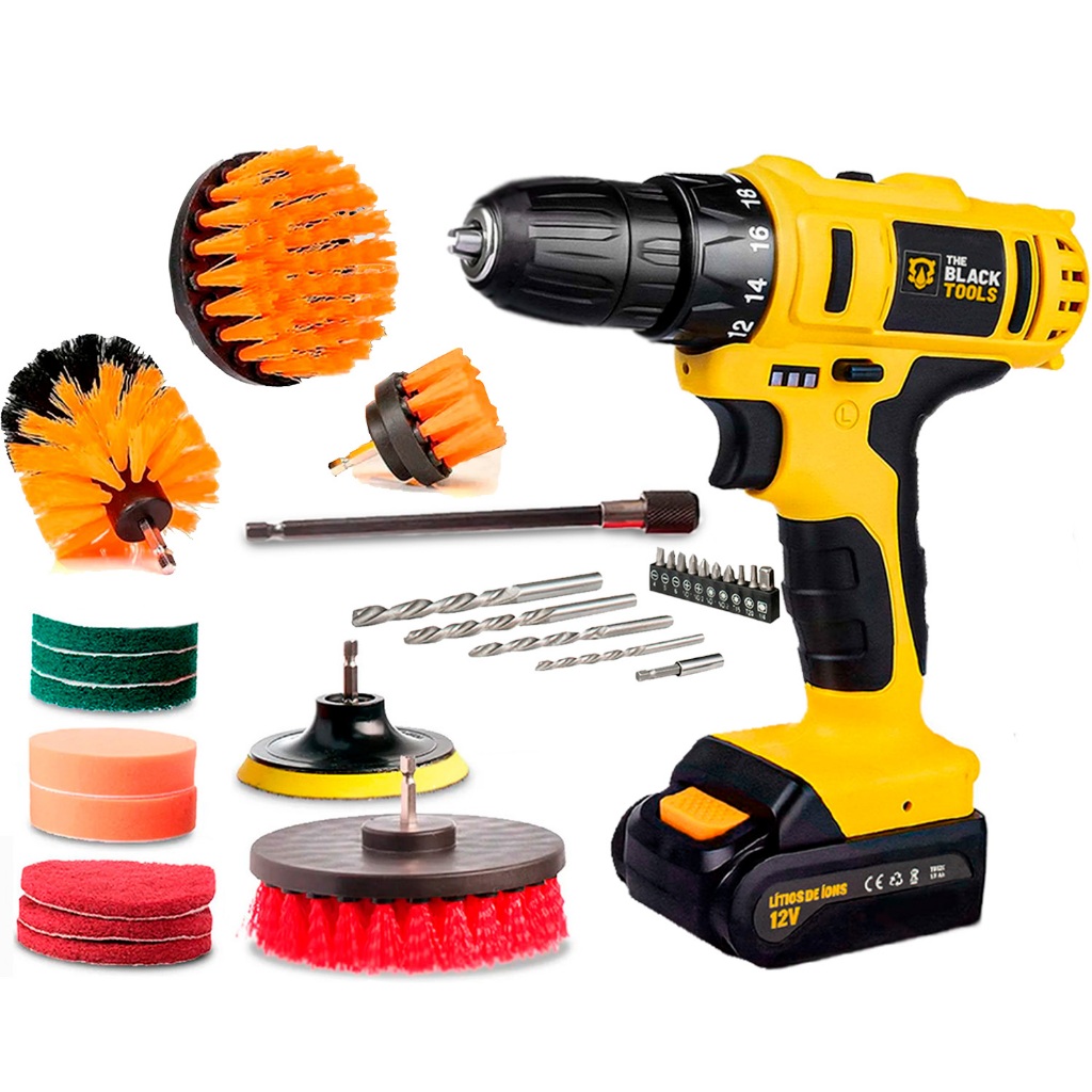 Furadeira Parafusadeira 12v C/ 14 Escovas Limpeza Box Sofá Cor Amarelo Frequência 50-60hz 127/220v em Oferta na Shopee