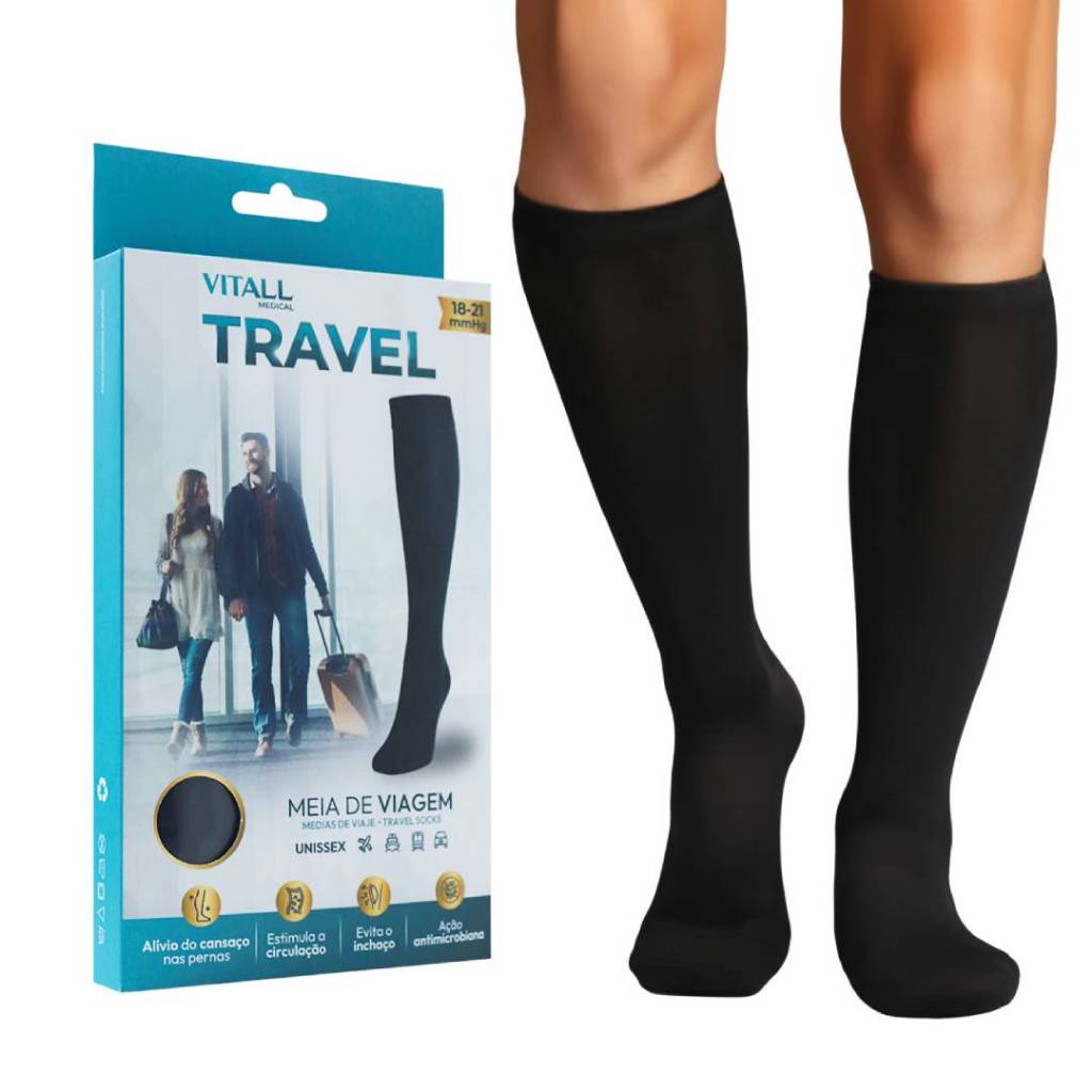 Meia Viagem de Avião Evita Trombose 3/4 Vitall Travel Média Compressão Com Ponteira Preta Unissex - Travel & Luggage