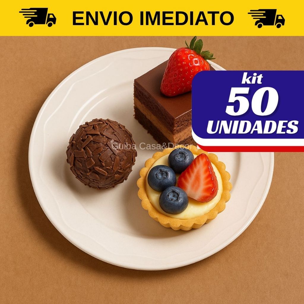 Kit 10 até 50 Pratos Sobremesa com Borda Branco Preto Refeição Churrasco Festa Plástico Redondo