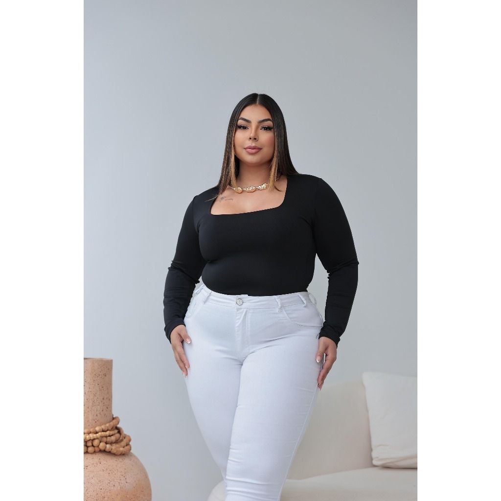 Body Plus Size Feminino Manga Longa Decote Quadrado | Roupa Moderna Confortável