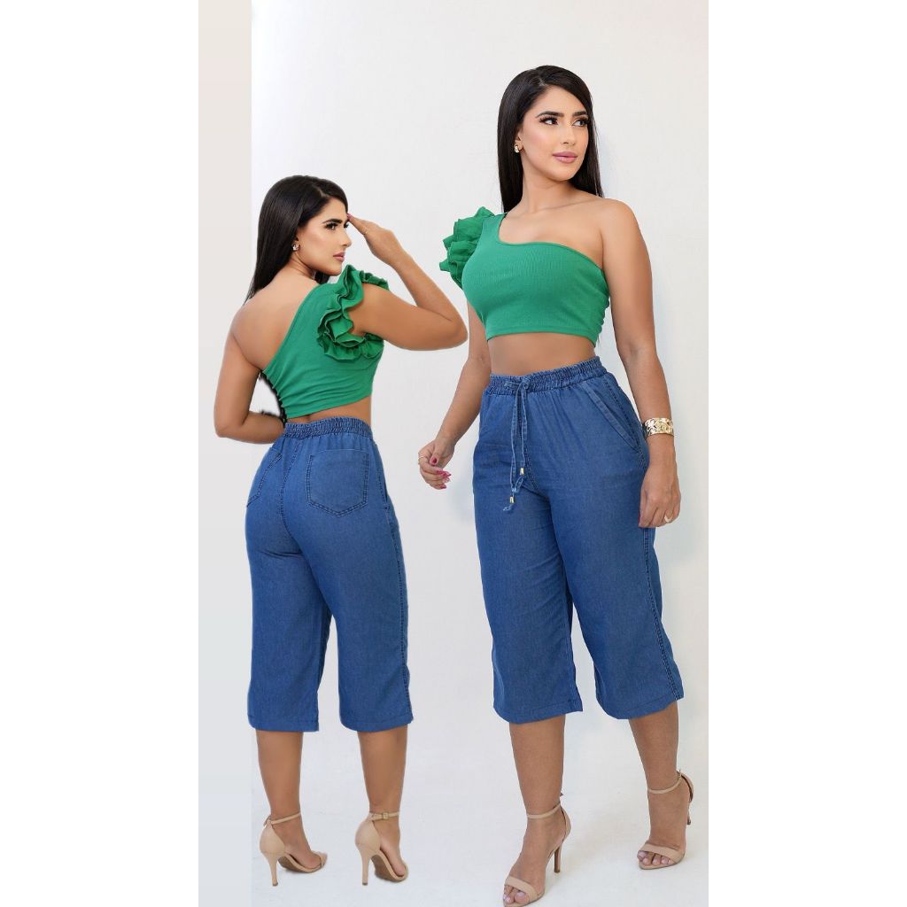 Calça PANTACOURT Jeans Feminina Cintura Alta Tecido Leve com Elástico e Cordão na Cintura de enfeite em Oferta na Shopee