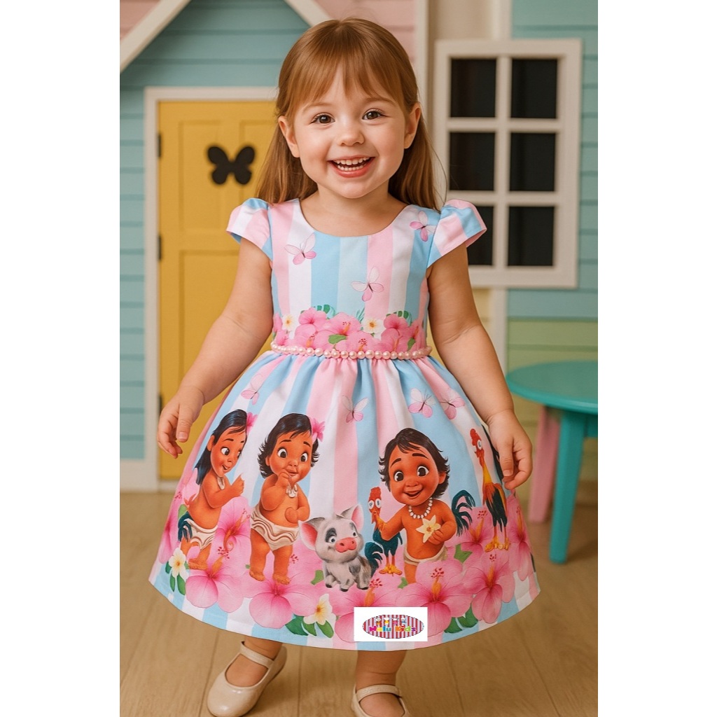 Vestido Temático Infantil Moana Rosa Pérola Borboletas em Oferta na Shopee
