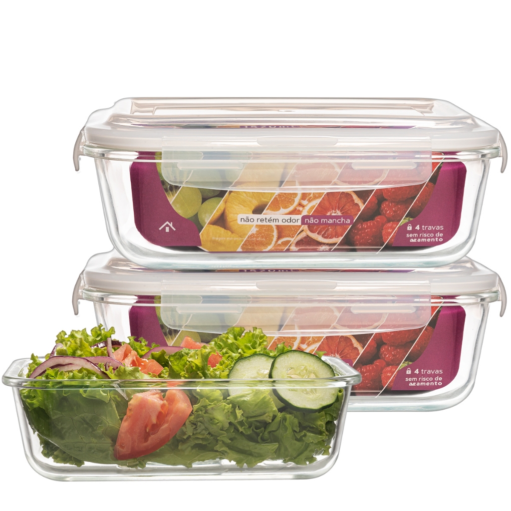 Kit 2 Potes Vidro Retangular 1520ml Hermético Reforçado