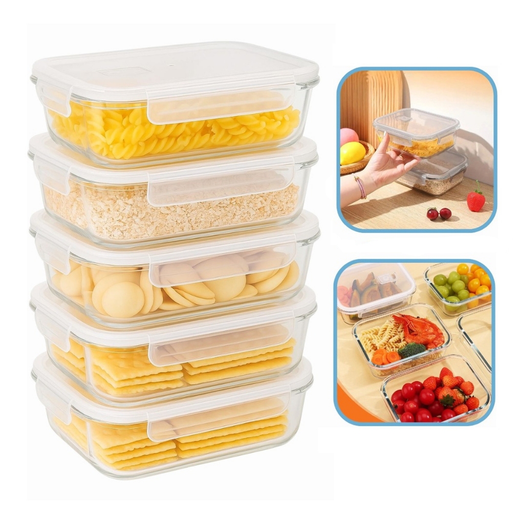 Conjunto De 5 Lindos Potes De Vidro Hermético Para Mantimentos Marmita 640ml Com Tampa