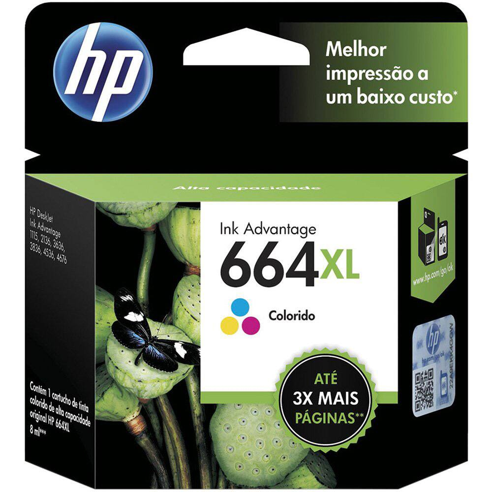 Cartucho de Tinta HP 664XL Colorido Original (F6V30AB)