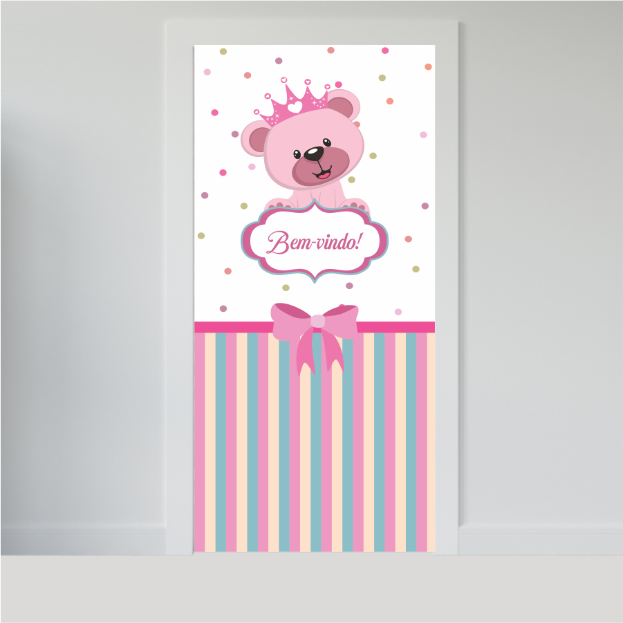 Adesivo Porta Madeira Vidro Decoração Revestimento Papel de Parede Quarto Infantil Bebê - URSINHA ROSA BEM-VINDO AIFX08