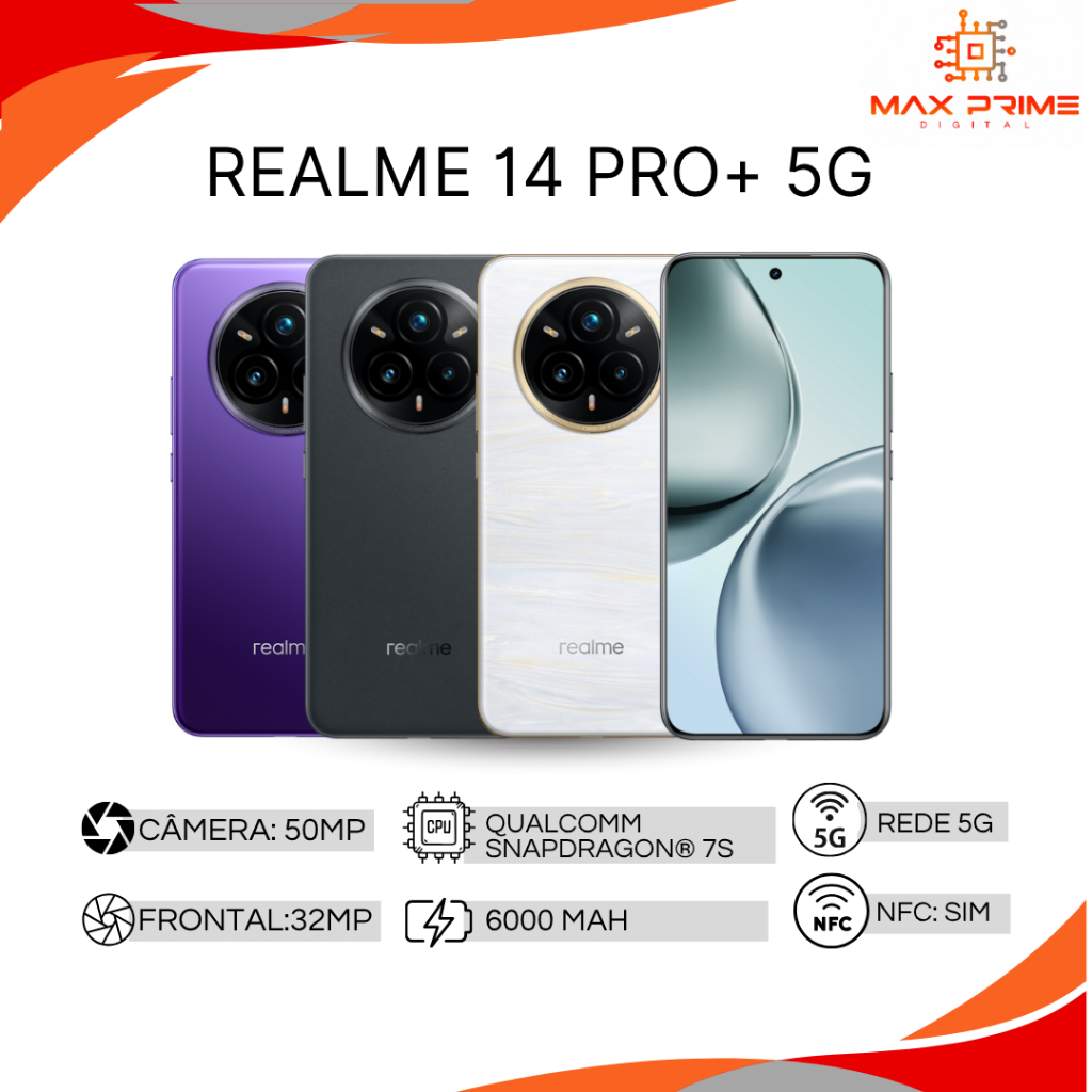 realme 14 PRO+ 5G 512GB e 256GB + 12GB RAM,Câmera 50MP, Processador Qualcomm Snapdragon 7s , Versão Global