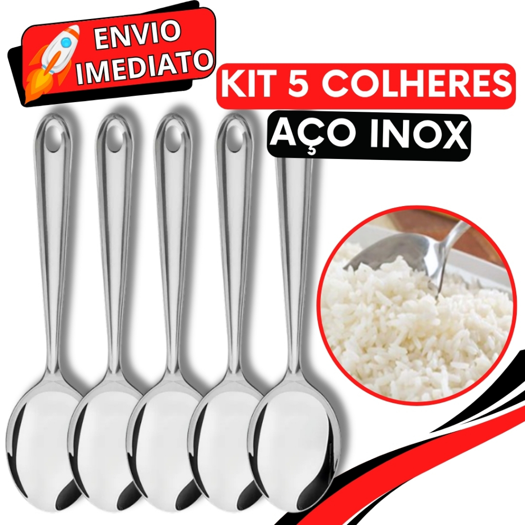 KIT Conjunto 5 Colher de Arroz GRANDE Cabo longo Inox Polido Super Resistente para Casa Cozinha Restaurante Buffet Bar