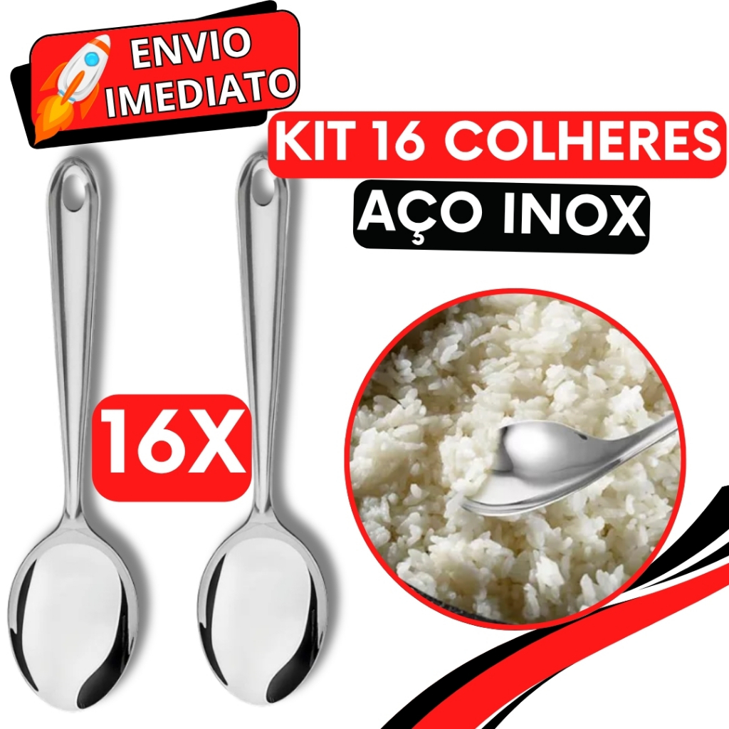 KIT Conjunto 16 Colher de Arroz GRANDE Cabo longo Inox Polido Super Resistente para Casa Cozinha Restaurante Buffet Bar