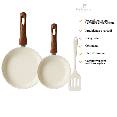 Imagem Kit 2 Frigideiras Cerâmica Antiaderente + Espátula Silicone | Não Gruda | Vai em Todo Tipo de Fogão
