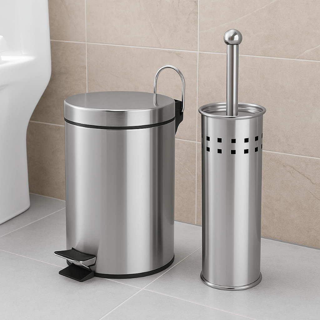 Kit Lixeira de Inox 5L + Escova Sanitária com Suporte para Banheiro Limpeza Escova para Vaso Sanitário Privada Com Cesto