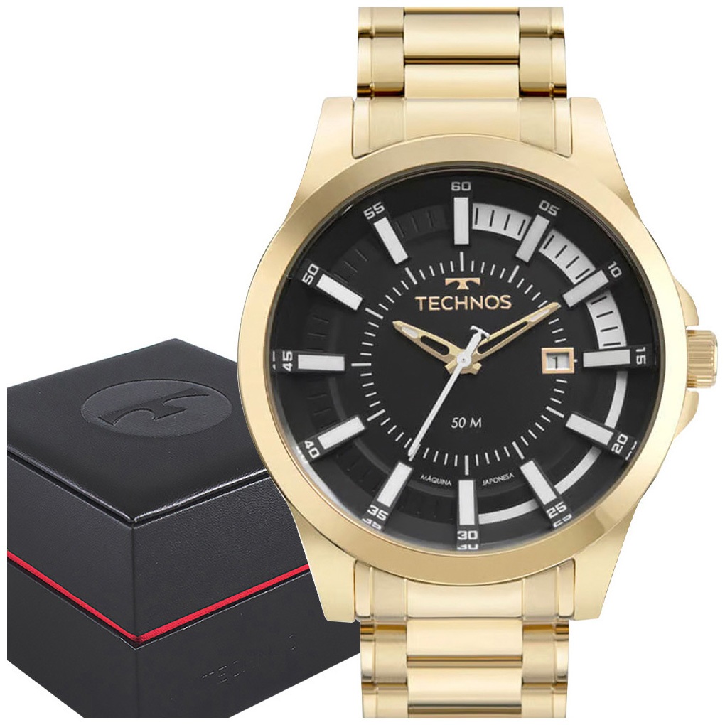 Relógio Technos Masculino Dourado Preto Original 1 Ano de Garantia - Watches