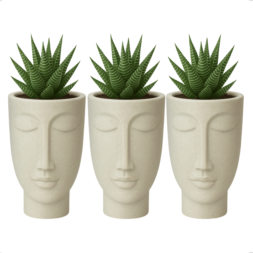 Conjunto Kit 2 Vaso Decorativo Planta Face Rosto Cabeça Homem N24 Cimento beje Cachepot Nutriplast