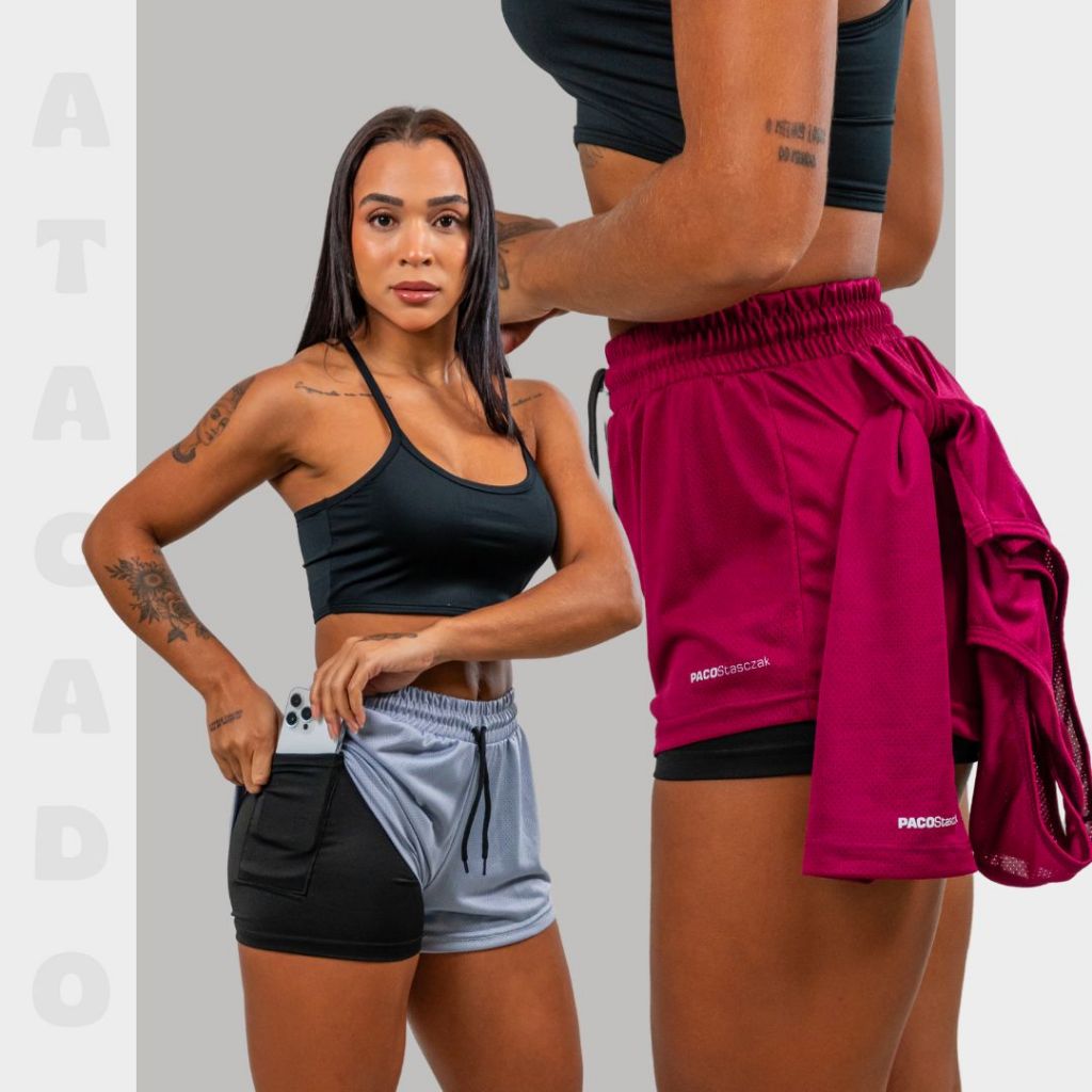 KIT ATACADO 10 Short 2em1 Feminino Dryfit Academia Bermuda Dupla Pra Treino Caminhada e Esportes