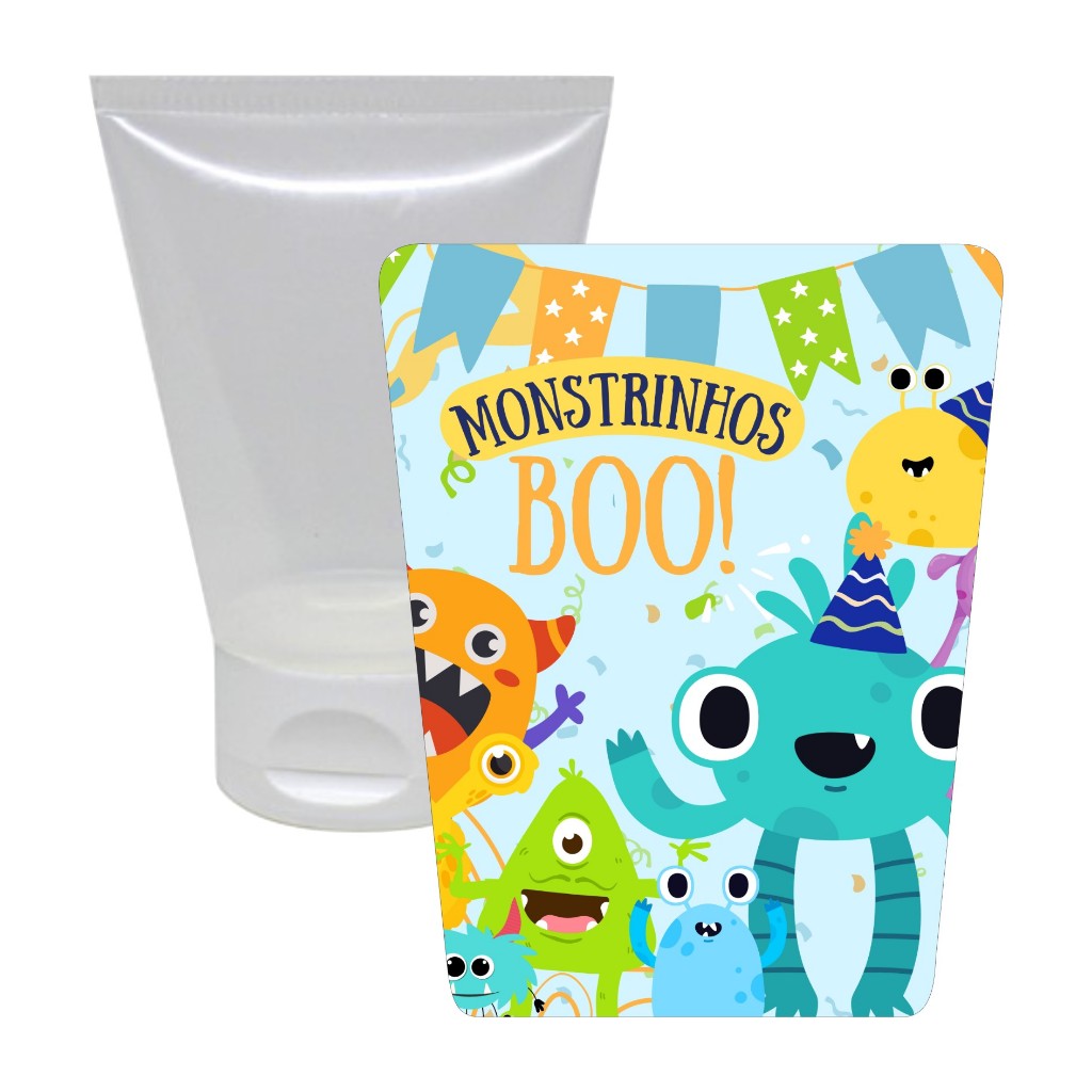 Bisnaga 30ml + Adesivo Monstrinhos BOO VÁRIAS CORES - Lembrancinha Festa Brigadeiro Álcool Gel