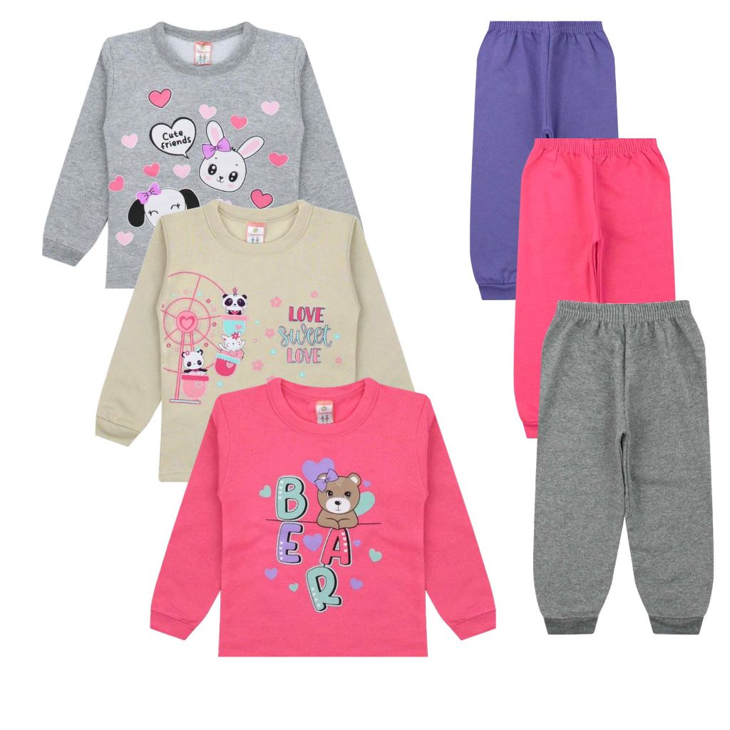 Kit 6 Peças Infantil Moletom Inverno Menina - 3 Casacos +  Calças em Oferta na Shopee