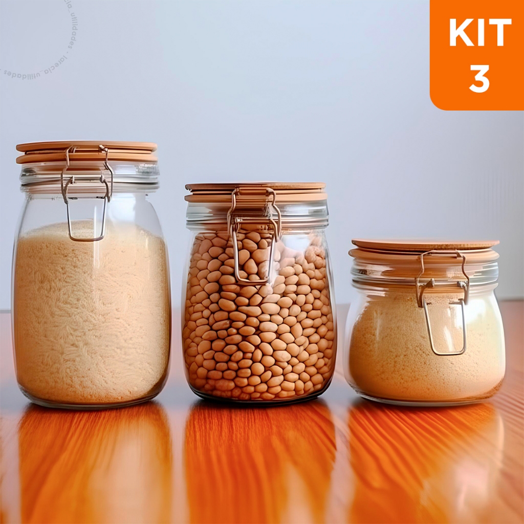 Kit 3 Potes Hermético de Vidro Tampa de Madeira Com Trava Redondo Mantimentos Condimentos